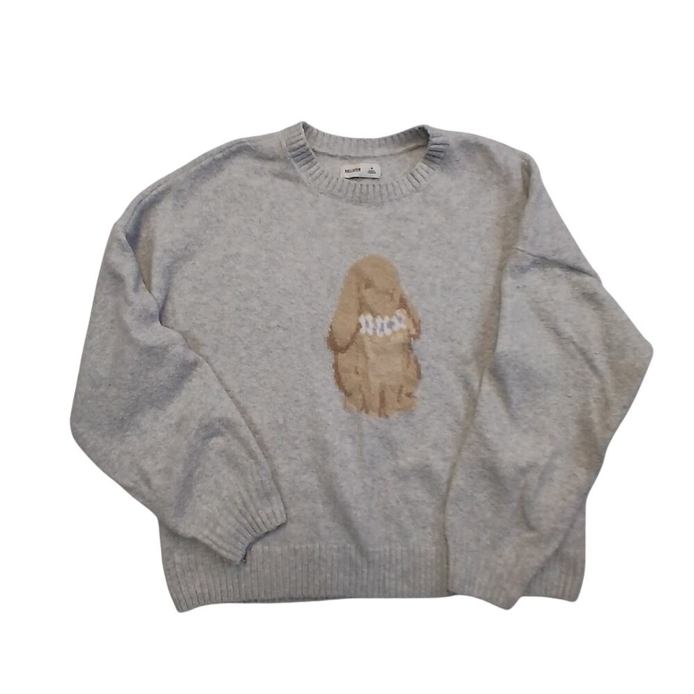 Hollister Womens Medium Grey Bunny Rabbit Graphic Knit Crewneck Sweater
